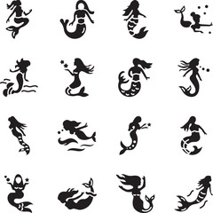 Fototapeta premium Elegant black mermaid silhouette collection with various poses of mythical sea creatures on white background