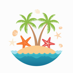 Fototapeta premium Tropical Island Paradise with Palm Trees, Starfish, and Shells