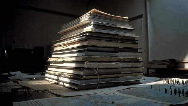 A fortress-like stack of annotated legal folios rising vertically like a defensive tower, representing the accumulated seriousness of interpretation inside a dim strategy room with maps, reference peg