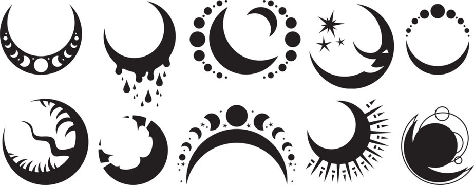 Mystical crescent moon silhouette collection featuring celestial phases stars and abstract geometric astrology elements