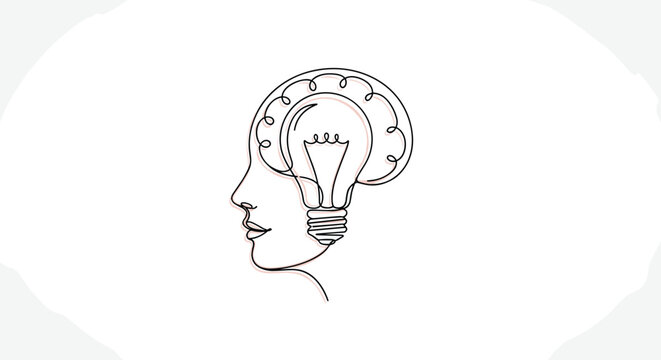 A continuous single-line drawing outlines a human face profile, seamlessly morphing into a glowing lightbulb shape at the cranium area on white paper.