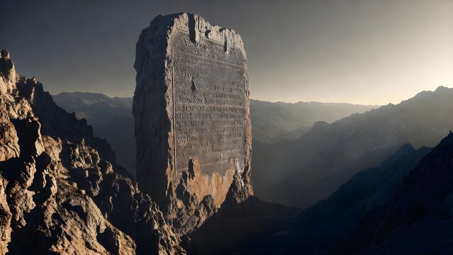 A colossal engraved law tablet emerging from a high mountain ridge above a deep valley, representing the immovable authority and burden of divine decree over the world below, harsh directional sunrise