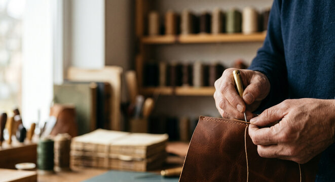 Close-up of an artisan's hands working on brown leather with an awl in a workshop