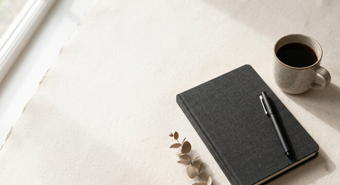 Top view of a dark fabric notebook, black pen, and coffee mug on textured handmade paper by the window