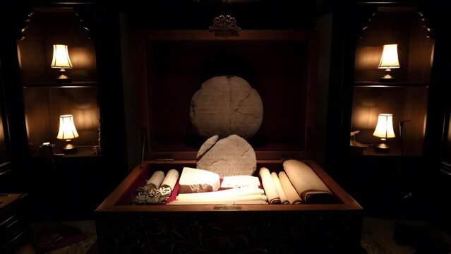 A ceremonial reliquary box opened to reveal fragments of sacred law tablets and preserved interpretive notes, positioned within a dark devotional study lined with niche shelves and small lamps, concen