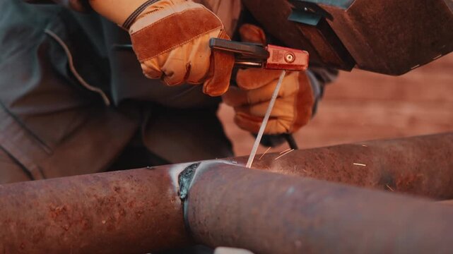 Metalworker repairs old steel construction outdoors near rustic workshop area. Bright welding arc, smoke and glowing sparks illustrate reliable fabrication and countryside repair process.