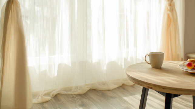 Minimal interior scene with a coffee cup on a wooden table beside soft sunlit curtains. Cozy morning atmosphere with natural light and elegant home decor aesthetic.