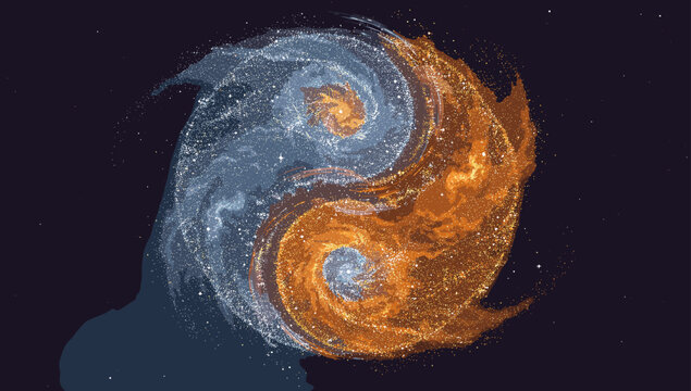 Dynamic abstract representation of two swirling particle masses, one blue and one orange, forming a cosmic yin-yang symbol against a dark background.