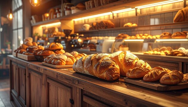 Bakery counter with fresh bread and pastries.