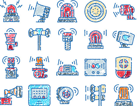 Emergency alert ringing safety alarm warning icons collection depicting various signal devices for fire, security, and urgent notifications, illustrating concepts of caution and immediate response