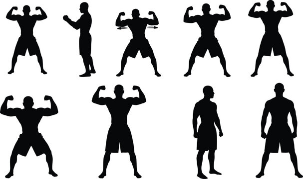 Bodybuilder and muscular man silhouettes flexing muscles set for fitness gym and bodybuilding concepts