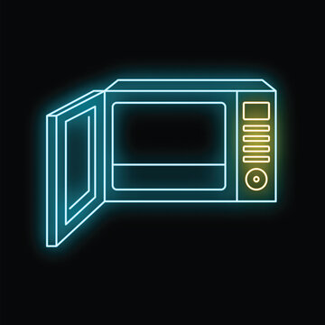 Microwave oven with open door showing neon glowing lines and digital panel