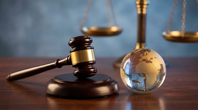 Global Justice and Law Symbolism with Gavel and Scales of Justice.