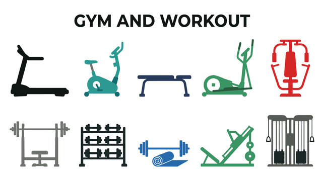 Gym equipment icons set for fitness workout design.