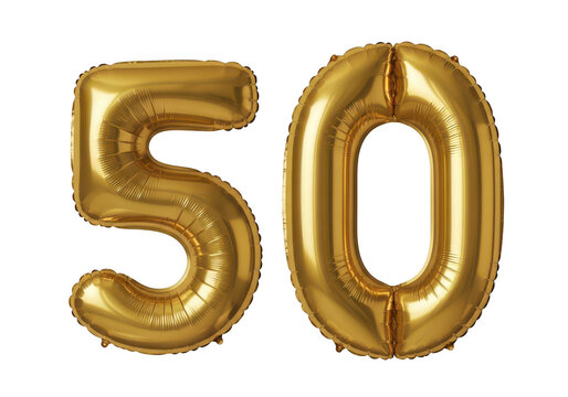 Golden 3d number fifty floating in space isolated on transparent background