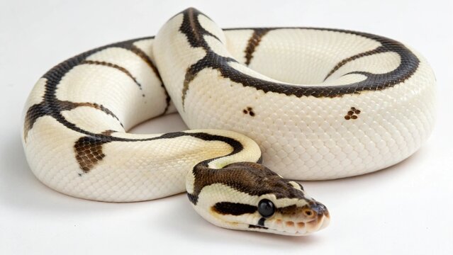 Isolated Panda Pied ball python morph on a solid white studio background