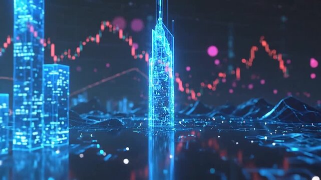 Digital city skyline with glowing financial data charts and graphs
