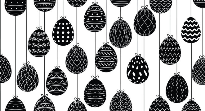 Hanging Easter eggs seamless pattern with decorative ornate black silhouettes on vertical strings