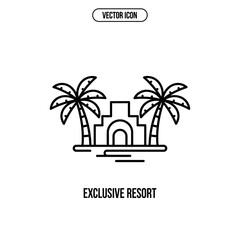 Fototapeta premium Exclusive Resort Icon Featuring a Minimalist Temple Structure Framed by Two Tropical Palm Trees in Line Art Style