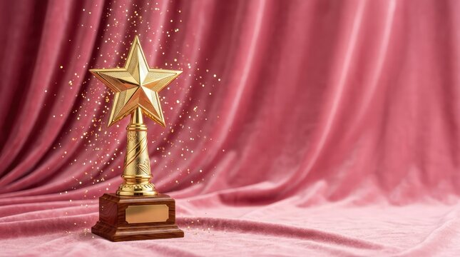 A golden star trophy sits proudly on a velvet surface, with a pink drapery backdrop and a hint of sparkling dust