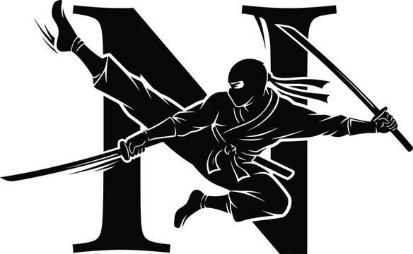 Letter N initial monogram combined with a jumping ninja silhouette logo design icon