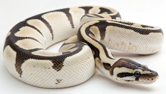 Isolated Panda Pied ball python morph on a solid white studio background