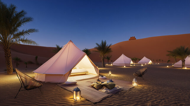 Luxury glamping tents illuminated at night in a peaceful desert landscape with palm trees, lanterns, and sand dunes under a clear evening sky.