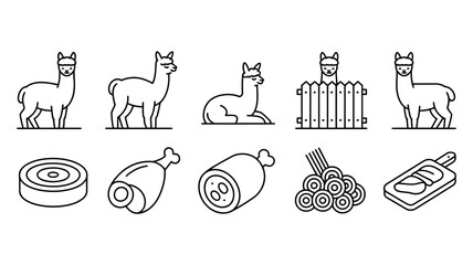 Naklejka premium Line art icons of alpacas meat products agricultural elements with illustration livestock agriculture