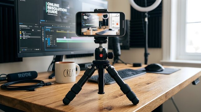 Smartphone Vlogging Setup on a Mini Tripod in Front of a Video Editing Monitor