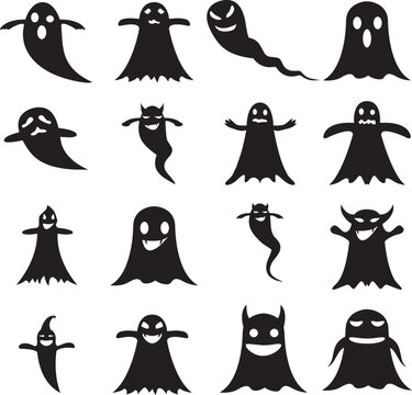 Spooky Halloween ghost silhouettes vector icon set with scary expressions collection