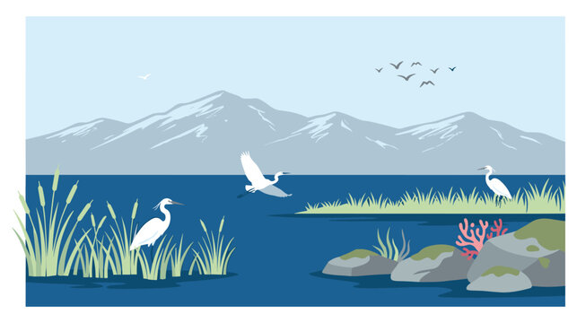 Landscape with mountains lake and white egret birds.