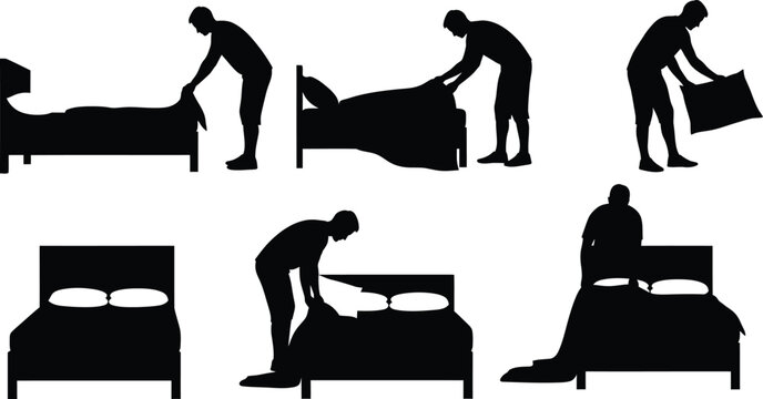 Man making the bed silhouette icons set for household chores and daily routine concept
