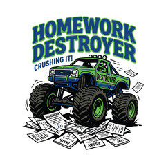 Green monster truck crushing school homework papers and math assignments © MdAnisul