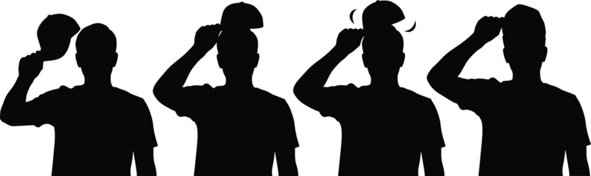 Man putting on and taking off baseball cap silhouettes set representing casual headwear gestures