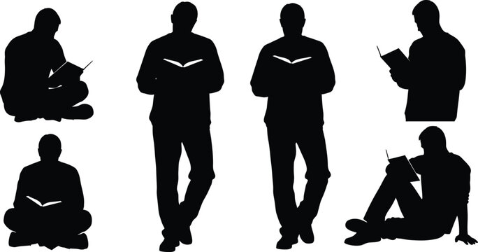 Man reading book silhouettes set with male characters holding open books standing and sitting