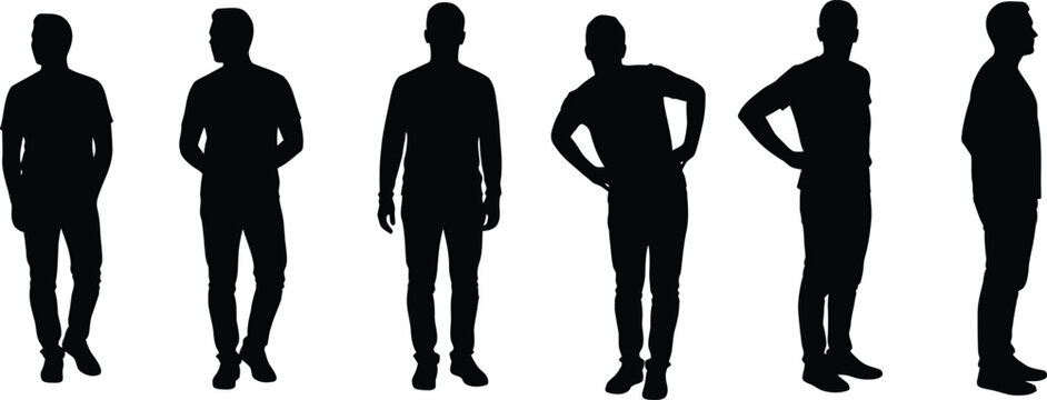 Man standing in casual poses silhouettes set showing different male body postures and full length stances