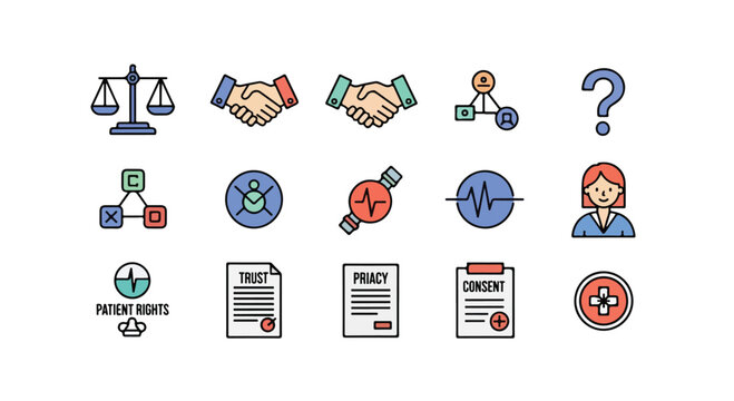 Medical Ethics and Patient Rights Icon Set, Healthcare Law and Legal Consent Vector Elements, 15 Professional Medical Compliance Icons
