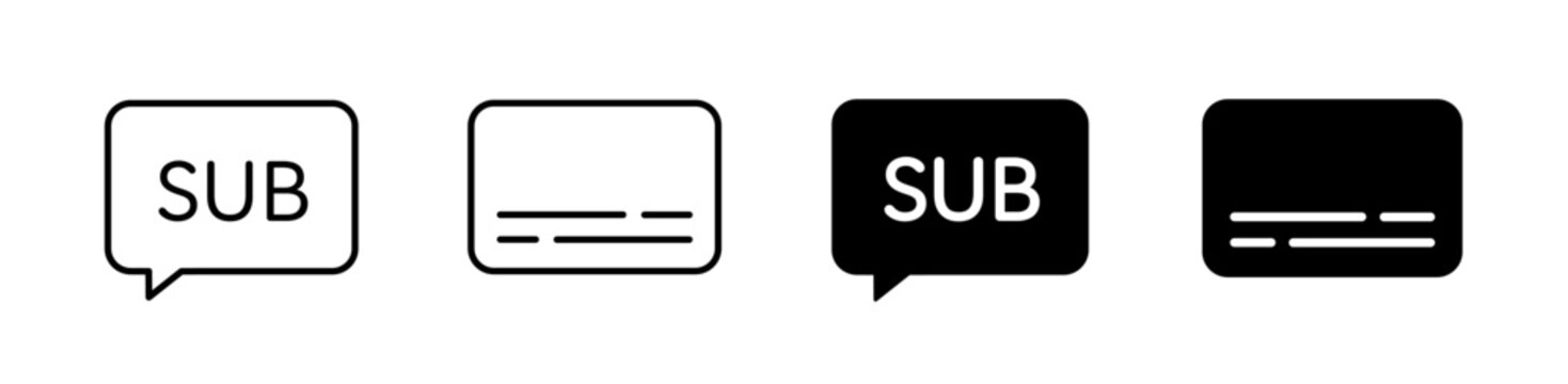 Closed captions for videos icon set. Subtitling functionality symbol. Vector illustration. 