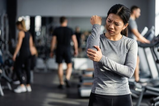 Woman feeling sharp pain in her elbow while exercising at the gym