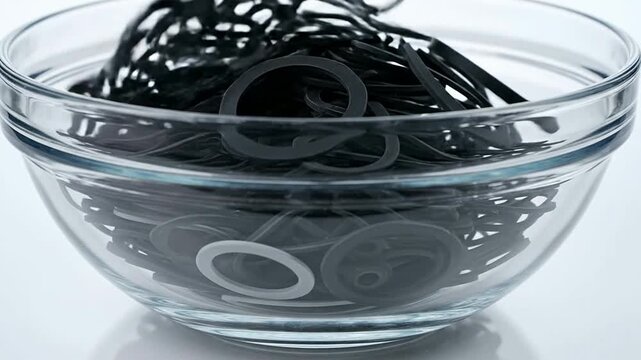 Black Elastic Hair Ties Falling Into Clear Glass Bowl, Versatile Beauty Accessories in Studio Setting with Plain Background, Ideal for Commercial Use