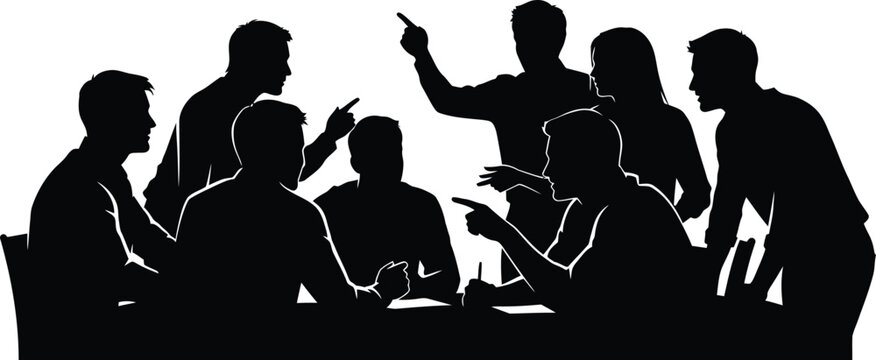 People arguing in business meeting silhouette with colleagues pointing fingers during conflict and disagreement
