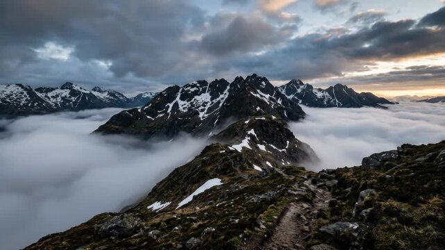Mountain ridge with melting snow patches emerging through thick morning fog. Dramatic clouds and mist create moody atmospheric highland scenery, scenic landscape with natural textures and destination