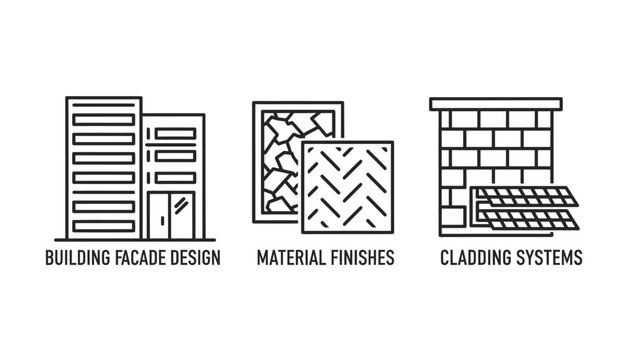Line icons set for building facade design material finishes cladding systems with line art white background real estate graphic design construction industry building material finishes cladding