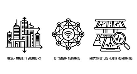 Obraz premium Icons representing urban development solutions sensor networks infrastructure monitoring with internet of things smart city line art urban planning skyscrapers buildings development solutions