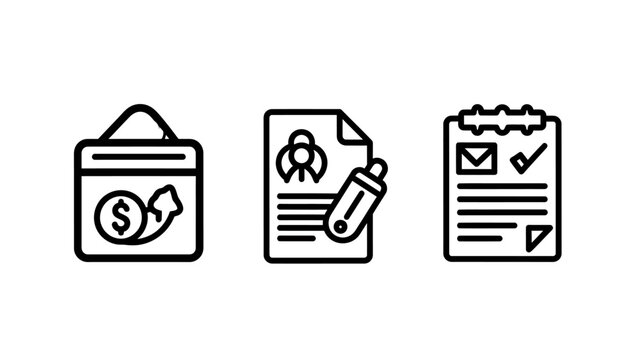 Icons for shopping bag with money document checklist data entry shopping document checklist clipboard collection business commerce transaction agreement contract management verification