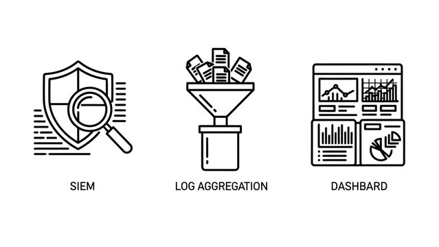 Cybersecurity icons: siem log aggregation dashboard for data analysis with cybersecurity aggregation dashboard analysis security protection information monitoring technology computer