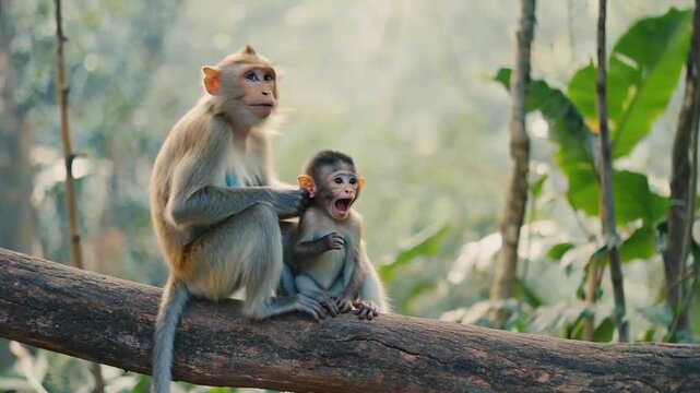 Mother monkey with her monkey son.