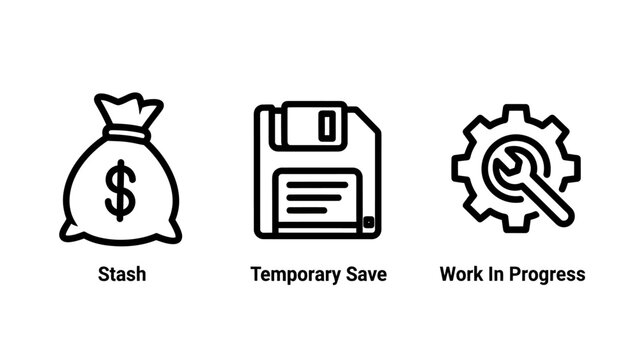 Set of three simple line icons representing finance data saving workflow with line art dollar sign floppy disk in progress temporary diskette cogwheel settings workflow