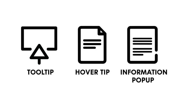 User interface icons for tooltip hover tip information popup with user experience line art notification assistance documentation illustration iconography information instruction guidepost