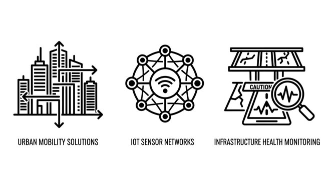 Icons representing urban development solutions sensor networks infrastructure monitoring with internet of things smart city line art urban planning skyscrapers buildings development solutions